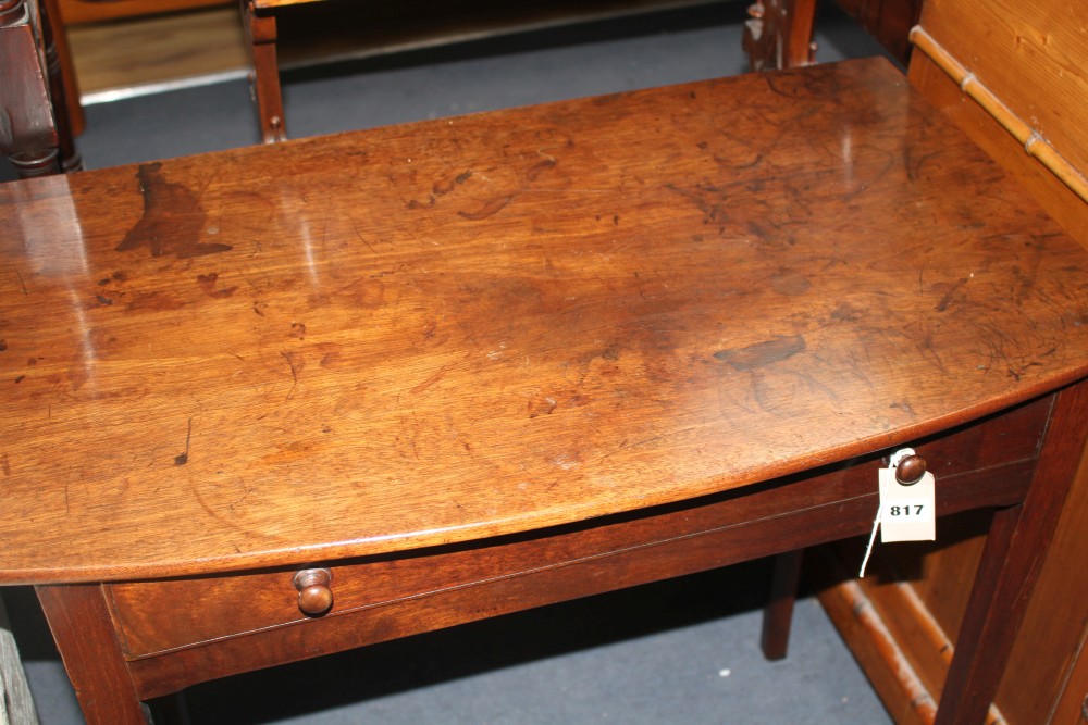 A late George III mahogany bowfront side table, with single drawer on squared legs, W.76cm D.45cm H.76cm